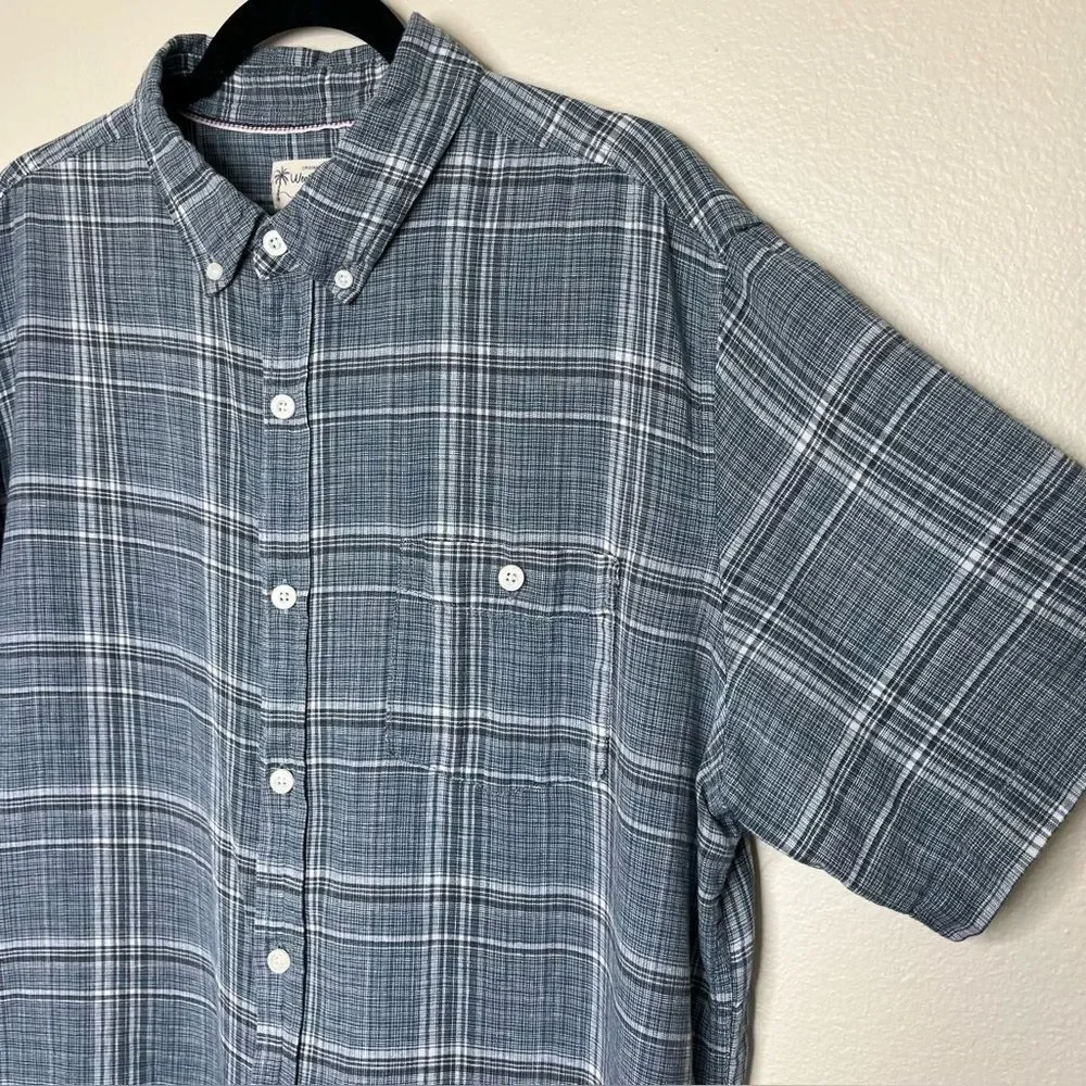 Weatherproof Vintage Linen Blend Blue Plaid Short Sleeve Button Front Men XL